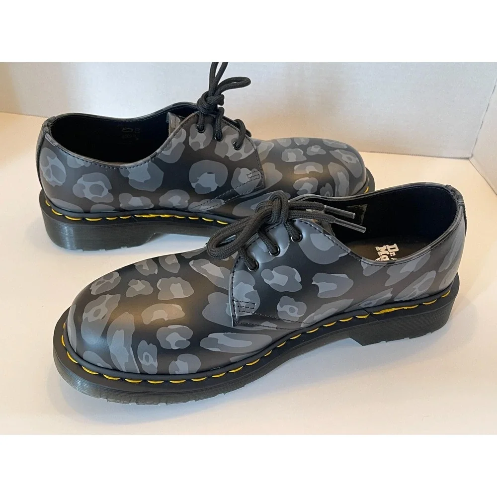 NEW‎ Doc Dr. Martens Skull Leopard Print Oxfords Black Men Sz 8 Women Sz 9 27686